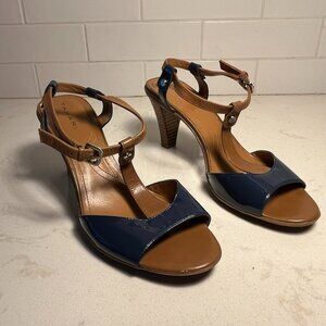 Tahari Blue and Brown/Tan 3-1/2" Heel Strappy Open-toe Shoes.